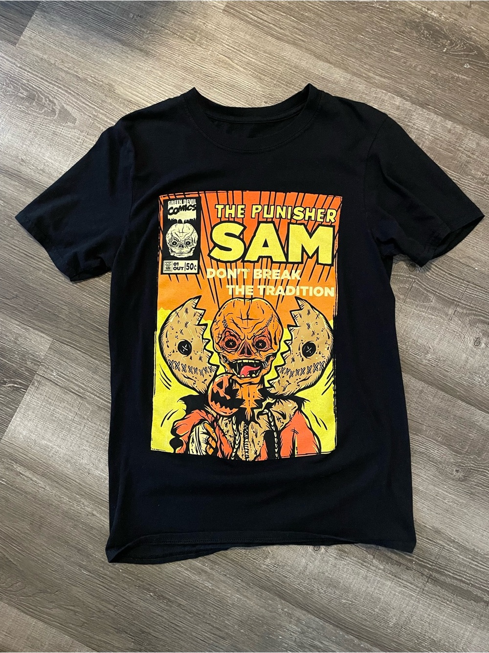 Black Graphic Tee with Orange & Yellow 'The Punisher Sam' Comic Print